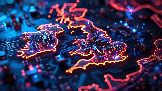 United kingdom. Circuit board background. Digital technology concept.