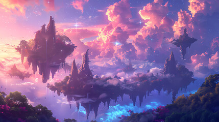 Mystical Floating Islands in a Dreamy Sky