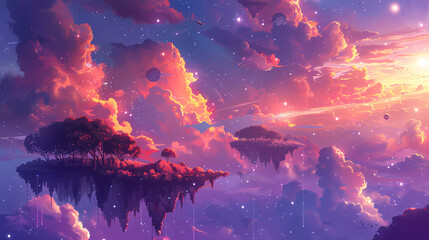 Enchanted Evening Skies Over Tranquil Floating Islands