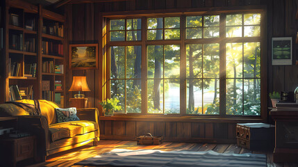 Sunlit Wooden Study Room with a Forest View