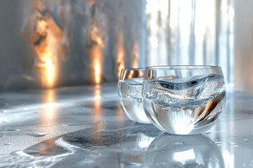 Interior image of a glass vessel with liquid on a white table. Glass in the interior. Generated by artificial intelligence