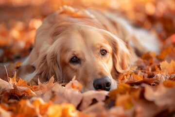 AI generated illustration of a golden retriever lying in autumn leaves