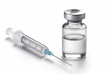 A syringe and a clear vaccine vial displayed on a white background, symbolizing healthcare and immunization