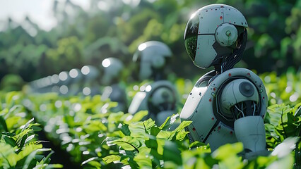 Smart robotic futuristic farmers working on field Agriculture technology, Farm automation.