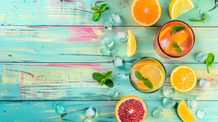 Fresh summer cocktail in glasses on color wooden table