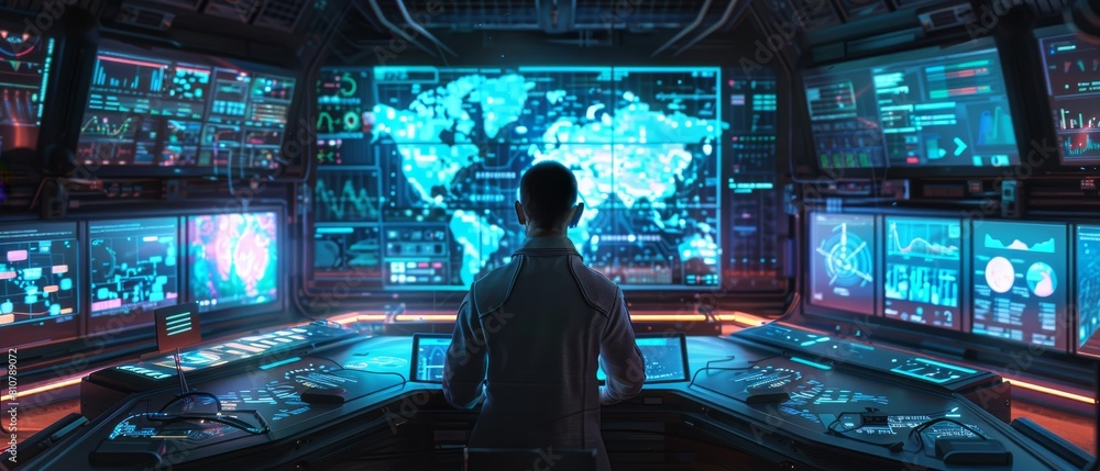 Poster an operator is surrounded by displays that display relevant data. an interactive map provides backgr