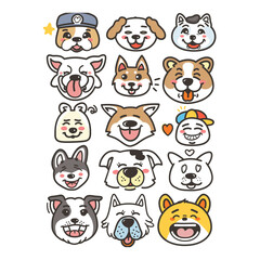 Obraz premium Collection of adorable cartoon dog faces wearing various accessories, such as hats, glasses, and bows, capturing the playful and diverse personalities of pets in a delightful illustrated style - AI ge