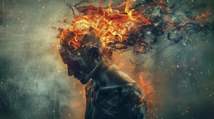 A conceptual depiction featuring a figure with a head engulfed in fiery flames symbolizes intense emotions like anger, stress, or the emergence of a profound idea.