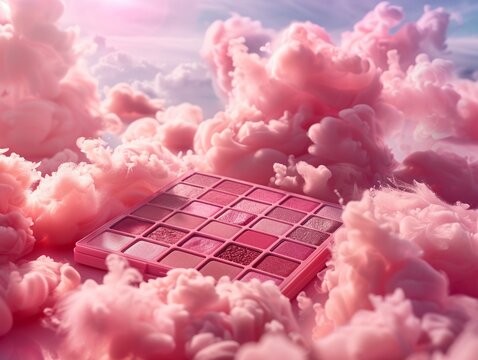 minimalism concept of kylie cosmetic eyeshadown palette, in the style of pink and clouds, detailism, commercial photography
