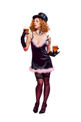 Portrait with young beautiful girl, woman wearing funny dress holding glasses of beer against transparent background. Concept of drinks, alcohol, Oktoberfest, festivals, rest, vacation, party. Ad