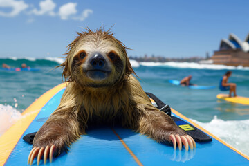 A sloth peacefully rests on a surfboard in the ocean.  Generative AI