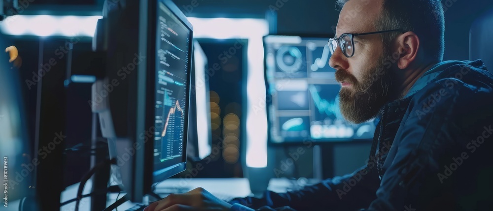 Poster stylish man works on a transparent display computer and checks useful work related statistics in his