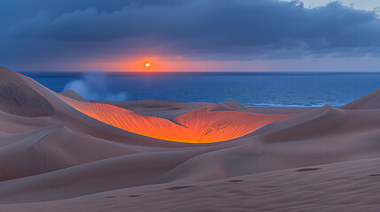 Detonation in desert sand with lots of smoke, fire and sparks at night.