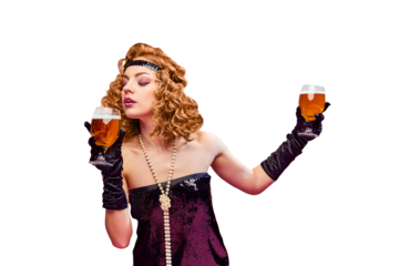 Close up portrait of happy charming woman in fancy vintage clothes holding glasses of beer and smiling against transparent background. Concept of drinks, alcohol, Oktoberfest, festivals, vacation. Ad