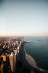 Aerial view of the Chicago River and beach