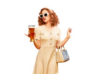 Dreaming woman in vintage style dress drinking fresh lager beer with pleasure from big mug against transparent background. Concept of drinks, alcohol, Oktoberfest, festivals, rest, vacation. Ad