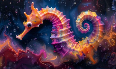 AI generated illustration of a colorful seahorse