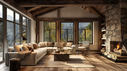 cozy living room interior warm fireplace, comfortable sofa, rustic wooden furniture, stone walls, bookshelves, window revealing an autumn mountain view