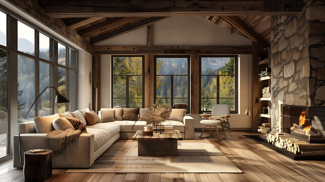 cozy living room interior warm fireplace, comfortable sofa, rustic wooden furniture, stone walls, bookshelves, window revealing an autumn mountain view