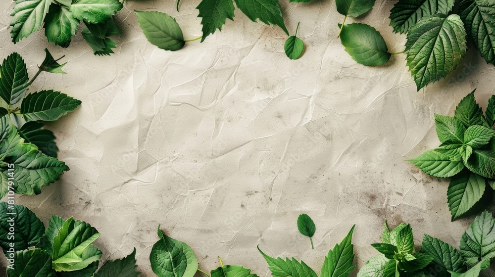 Poster minimalist leaf shapes along the edges of the page with a blank center for symbol or text.