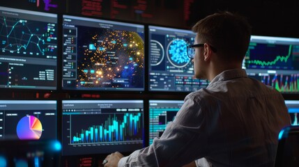 Naklejka premium scientist utilizes an advanced dashboard to analyze cutting-edge scientific and research data, embodying a futuristic approach to technology.