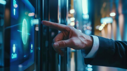 Security professional demonstrating a biometric fingerprint scanning system at a highsecurity facility entrance