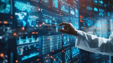 scientist utilizes an advanced dashboard to analyze cutting-edge scientific and research data, embodying a futuristic approach to technology.