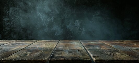 Wooden table in a dark room background concept for advertising