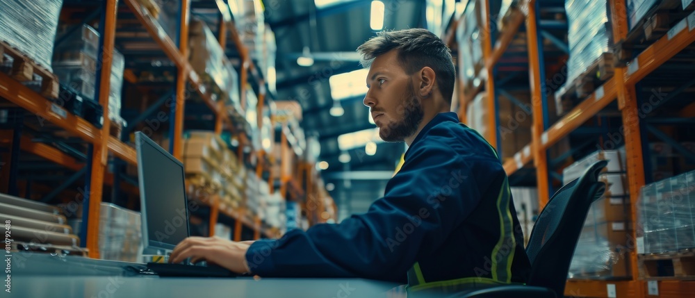 Poster an image of a uniformed worker using a computer while sitting at his desk in the warehouse.