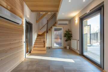 Air source heat pump installed in residential building. Heat waves during summer. Climate changes.