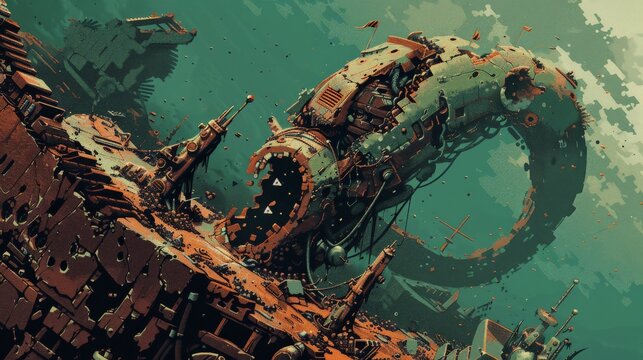 The image shows a close-up of a rusty metal structure that is partially submerged in water, with a green tinge.