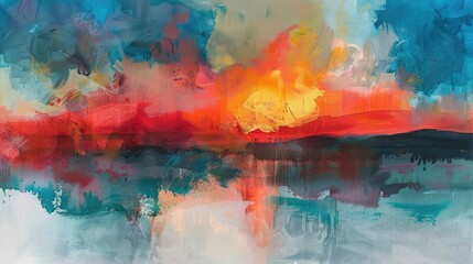 A wide landscape-oriented abstract painting, with fiery red and soothing blue tones