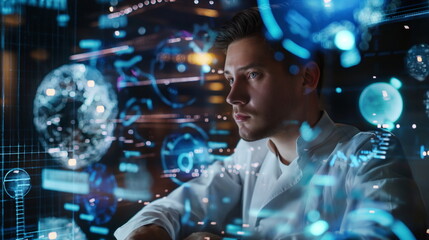 futuristic bioengineer surrounded by holographic displays, designing organic structures for space colonization
