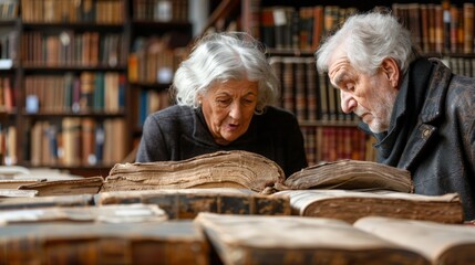 Senior people activity after retirement, elder couple exploring ancestry at genealogy library, surrounded by old books documents examining happy lifelong learning reading historical books in cozy room