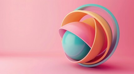 Abstract 3D sphere wrapped in colorful concentric rings against a soft pink background for branding.
