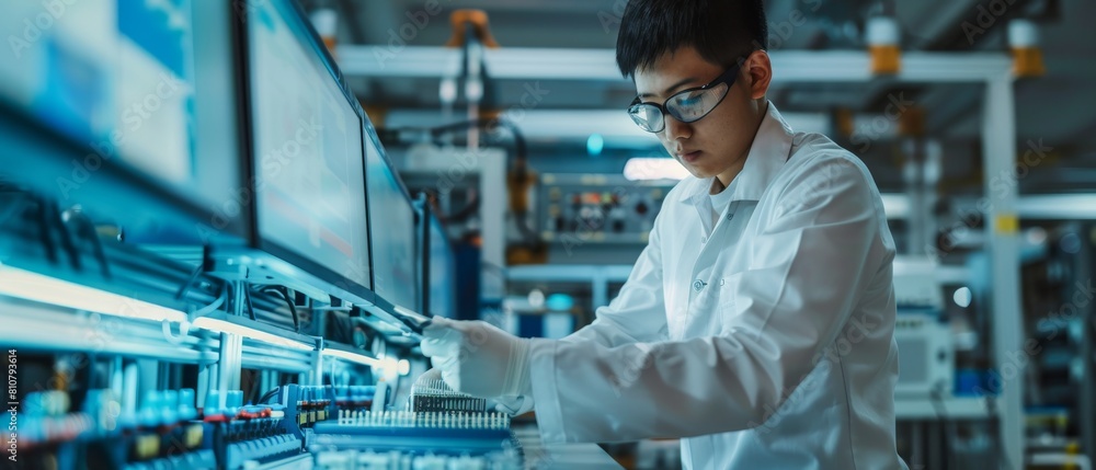 Poster at a high-tech factory, an asian engineer uses a laptop computer to program the pick and place elect