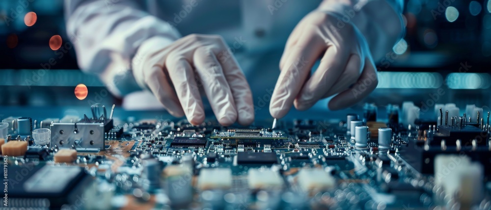 Poster a worker in a high-tech factory assembles electronic printed circuit boards using surface mount tech