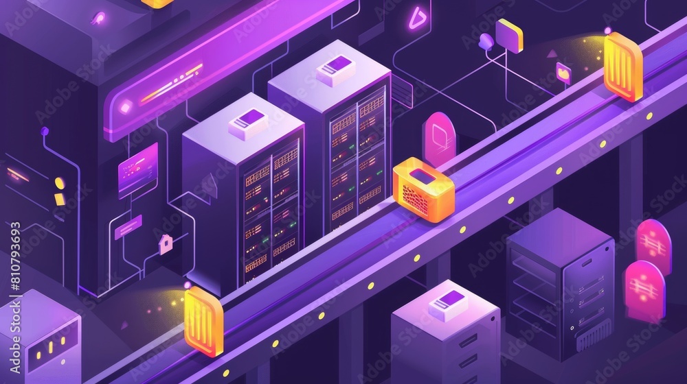 Poster modern illustration showing information storage in an isometric perspective. server racks, a conveyo
