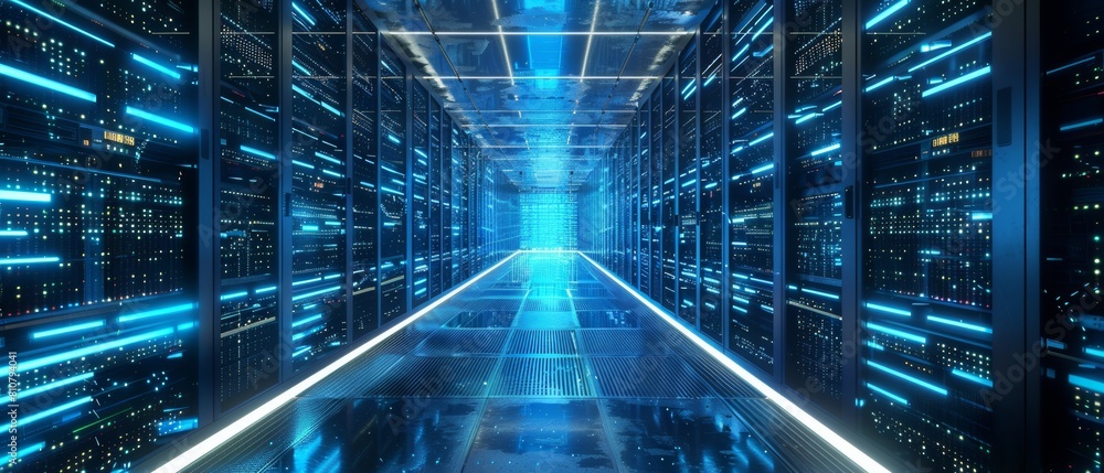 Poster data center with multiple rows of fully operable server racks. modern telecommunications, cloud comp