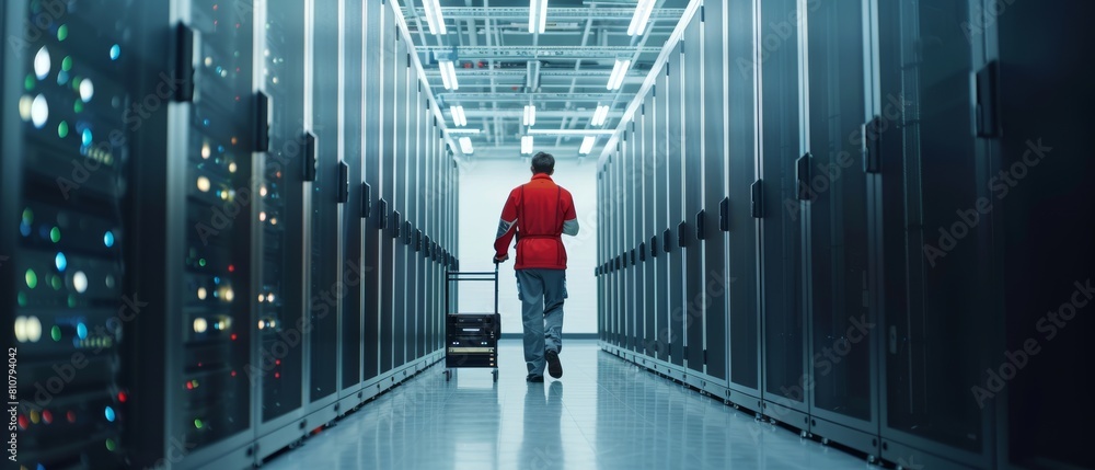 Sticker In the Modern Data Center, an IT Engineer is doing maintenance and diagnostics alongside server racks. A cart is pushed alongside server racks to facilitate system equipment updates and maintenance.