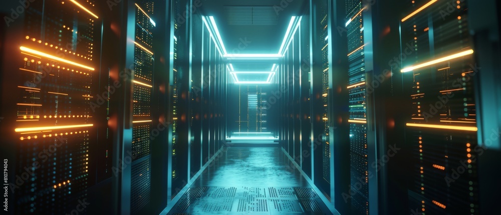 Poster image of modern data center with multiple rows of operating server racks. image of modern high-tech 