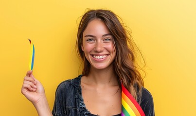 Smiling lesbian woman waving rainbow colored ribbon in front of yellow wall