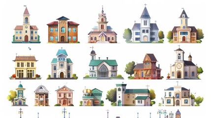 Modern illustration of retro colonial style buildings in an urban setting. Church, Victorian houses, old residential buildings, and government buildings isolated on white.