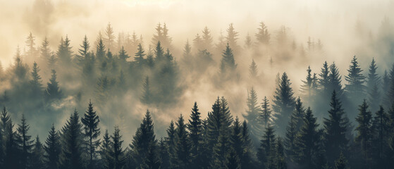 Misty landscape with fir forest, vintage retro style photo