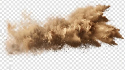In front of a transparent background, a brown dusty cloud or dry sand is flying with gusts of wind, with a realistic texture of grain or particles of sand on a modern frame border.