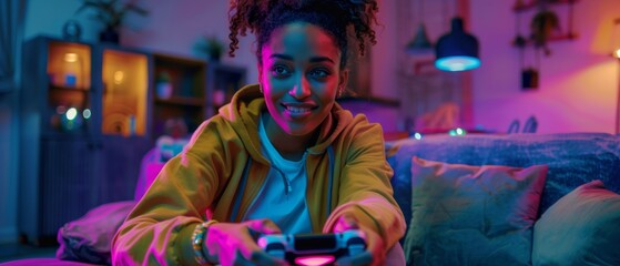 She plays video games with a wireless controller in a cozy room lit with warm neon lights. A young black girl with excitement sits on a couch playing video games on a console.