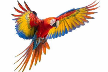 Obraz premium A vibrant scarlet macaw with outstretched wings, showcasing its colorful plumage against a white background