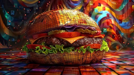 Hamburger with abstract background, 3d render. Computer digital drawing.