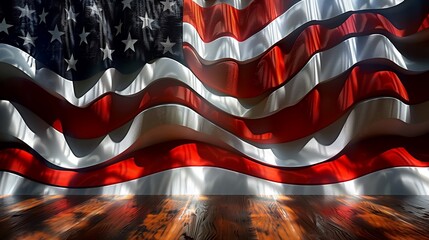American flag on wooden floor background. 