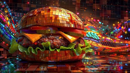 Hamburger with abstract background, 3d render. Computer digital drawing.